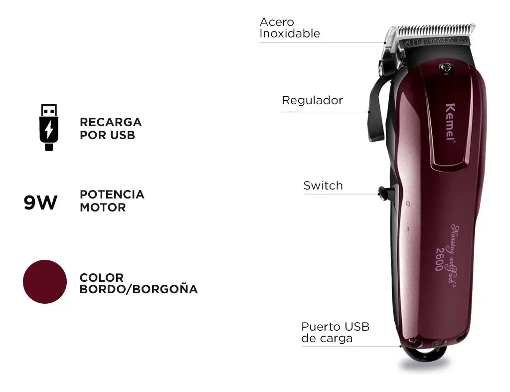 Imagen 3 de Cortadora De Pelo KEMEI Km-2600 Bordó 100v/240v 