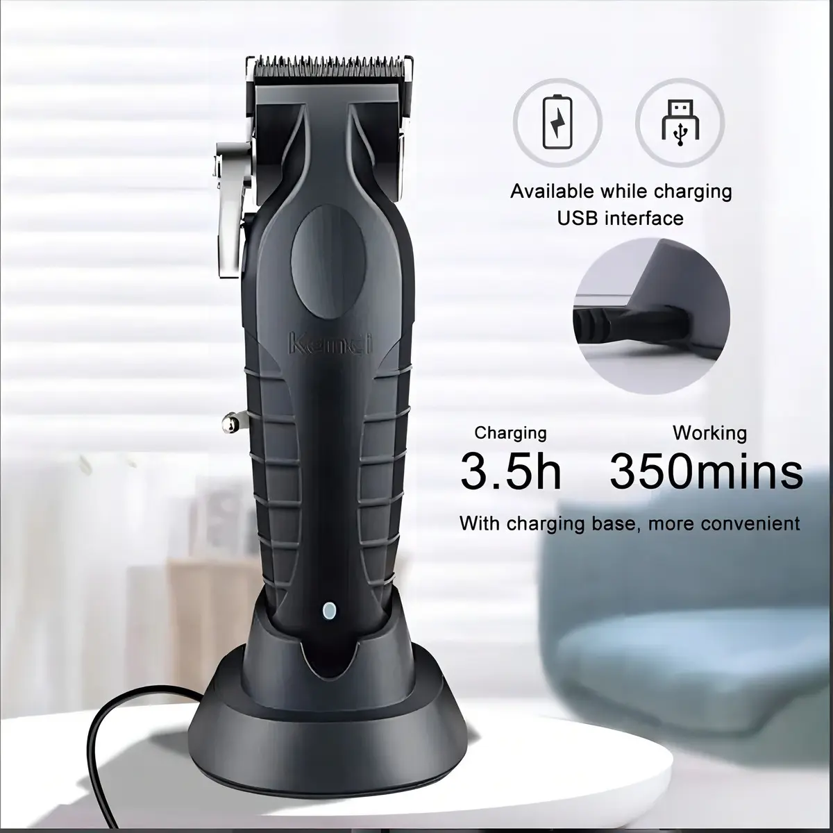 Imagen 2 de Maquina Cortar Pelo Kemei KM 2296 Trimmer Inalámbrica Negra Con Base de Carga